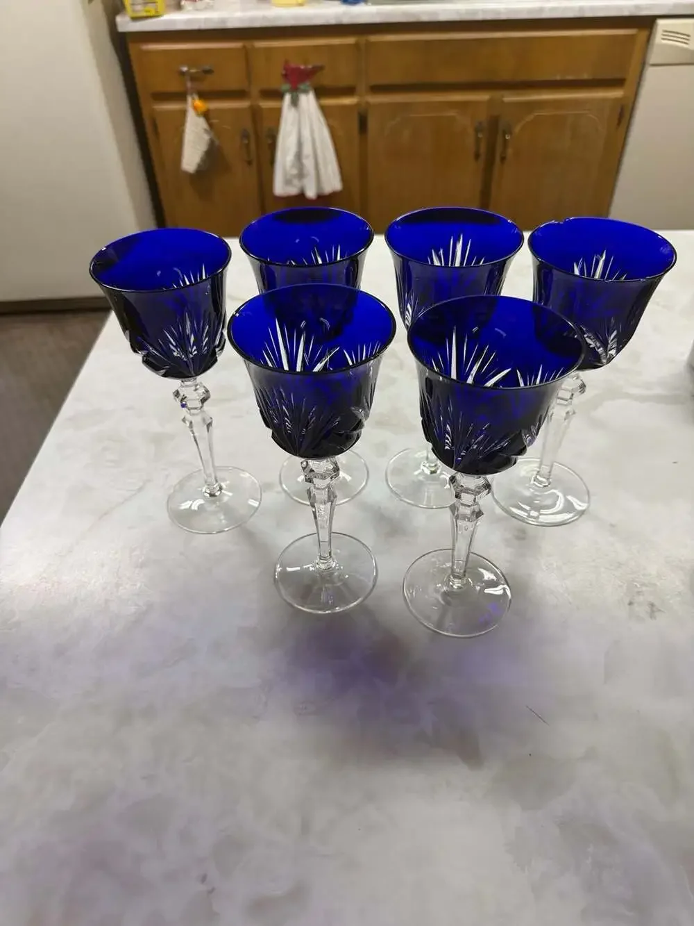 Vintage Gorham Crystal Cherrywood Cobalt Blue Cut-to-Clear Hock Wine Glasses Set